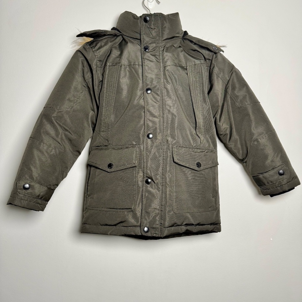 Ben Sherman Youth Faux Fur Trim Hooded Parka Puffer Coat in Olive Green Sz S (8)